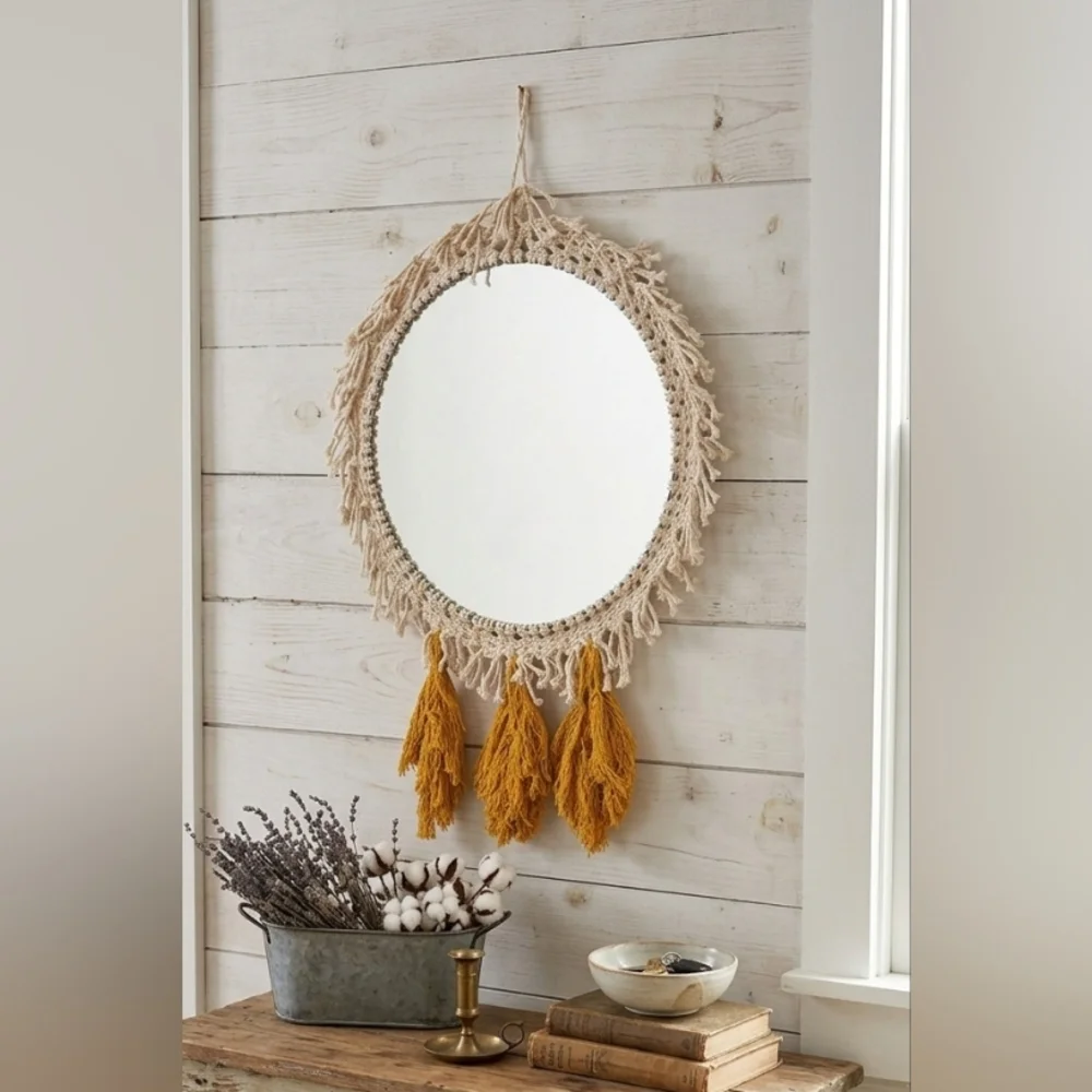 Handmade Macramé Round Wall Mirror - Cream